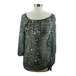Express Womens Sheer 3/4 Sleeve Boat Neck Blue Leopard Blouse Shirt L